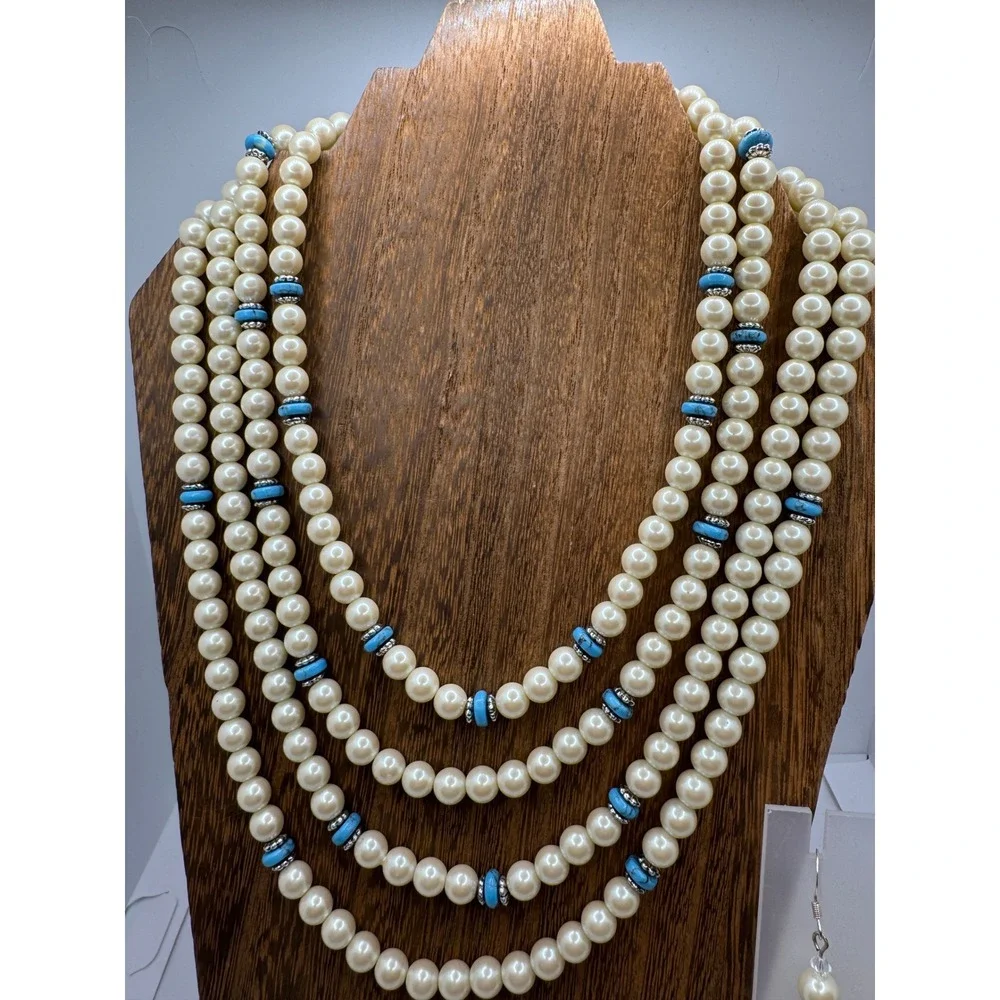 Chaps Faux Pearl Turquoise Multi Strand Necklace and Earring Set Silver Tone